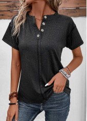 Split Neck Button Black Short Sleeve T Shirt
