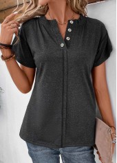 Split Neck Button Black Short Sleeve T Shirt