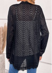 Scalloped Hem Black Long Sleeve Light Cardigan