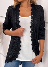 Scalloped Hem Black Long Sleeve Light Cardigan