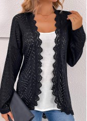 Scalloped Hem Black Long Sleeve Light Cardigan