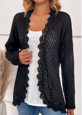 Scalloped Hem Black Long Sleeve Light Cardigan