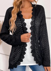 Scalloped Hem Black Long Sleeve Light Cardigan