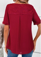 Wine Red V Neck Short Sleeve Lace Blouse
