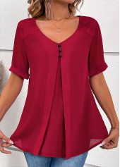 Wine Red V Neck Short Sleeve Lace Blouse
