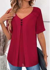 Wine Red V Neck Short Sleeve Lace Blouse