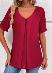 Wine Red V Neck Short Sleeve Lace Blouse