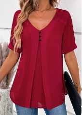 Wine Red V Neck Short Sleeve Lace Blouse