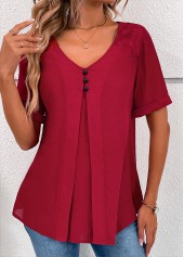 Wine Red V Neck Short Sleeve Lace Blouse
