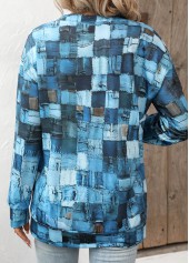Geometric Print Zipper Denim Blue Round Neck Sweatshirt