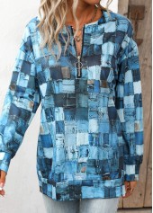 Geometric Print Zipper Denim Blue Round Neck Sweatshirt