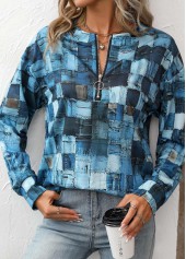 Geometric Print Zipper Denim Blue Round Neck Sweatshirt