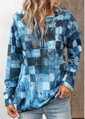 Geometric Print Zipper Denim Blue Round Neck Sweatshirt
