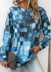 Geometric Print Zipper Denim Blue Round Neck Sweatshirt