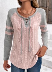 Light Pink Lace Up Collar Twisted T Shirt