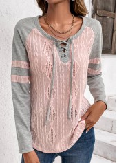 Light Pink Lace Up Collar Twisted T Shirt
