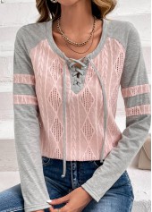 Light Pink Lace Up Collar Twisted T Shirt