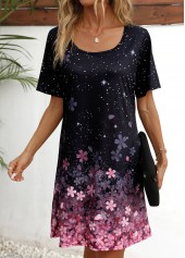 Floral Print Black Short Sleeve Scoop Neck Dress