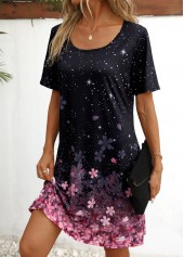 Floral Print Black Short Sleeve Scoop Neck Dress