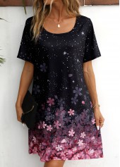 Floral Print Black Short Sleeve Scoop Neck Dress