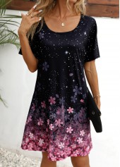 Floral Print Black Short Sleeve Scoop Neck Dress