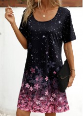 Floral Print Black Short Sleeve Scoop Neck Dress