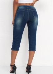 Denim Blue Button Fly Mid Waisted Capri Leggings