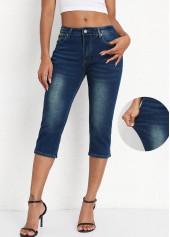 Denim Blue Button Fly Mid Waisted Capri Leggings