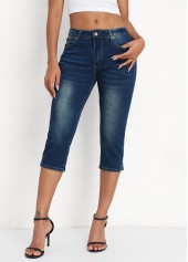 Denim Blue Button Fly Mid Waisted Capri Leggings