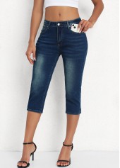 Denim Blue Button Fly Mid Waisted Capri Leggings