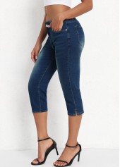 Denim Blue Button Fly Mid Waisted Capri Leggings