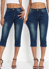 Denim Blue Button Fly Mid Waisted Capri Leggings
