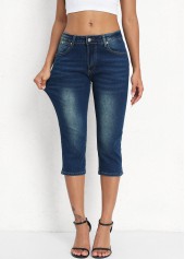 Denim Blue Button Fly Mid Waisted Capri Leggings