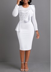 White Round Neck Long Sleeve Pearl Bodycon Dress | Rosewe.com - USD $26.98