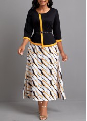 Fake 2in1 Black Maxi 3/4 Sleeve Round Neck Dress