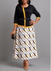 Fake 2in1 Black Maxi 3/4 Sleeve Round Neck Dress