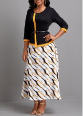 Fake 2in1 Black Maxi 3/4 Sleeve Round Neck Dress