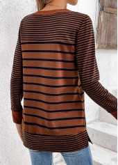 Striped Patchwork Dark Coffee Long Sleeve T Shirt