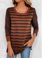 Striped Patchwork Dark Coffee Long Sleeve T Shirt