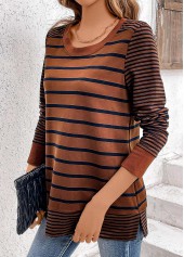 Striped Patchwork Dark Coffee Long Sleeve T Shirt