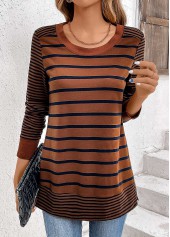 Striped Patchwork Dark Coffee Long Sleeve T Shirt