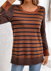 Striped Patchwork Dark Coffee Long Sleeve T Shirt