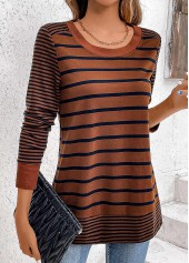 Striped Patchwork Dark Coffee Long Sleeve T Shirt
