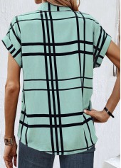 Plaid Button Light Green Short Sleeve Shirt Collar Blouse