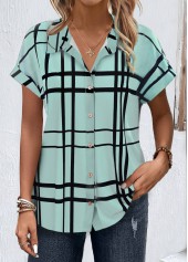 Plaid Button Light Green Short Sleeve Shirt Collar Blouse