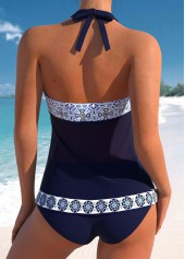 Mid Waisted Geometric Print Patchwork Navy Tankini Set