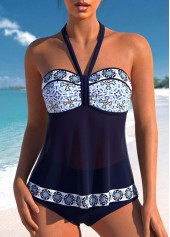 Mid Waisted Geometric Print Patchwork Navy Tankini Set