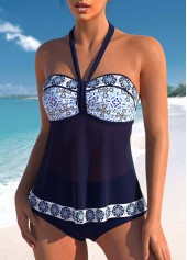Mid Waisted Geometric Print Patchwork Navy Tankini Set