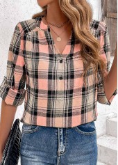 Plaid Ruched Pink Long Sleeve Split Neck Blouse