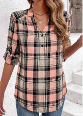 Plaid Ruched Pink Long Sleeve Split Neck Blouse